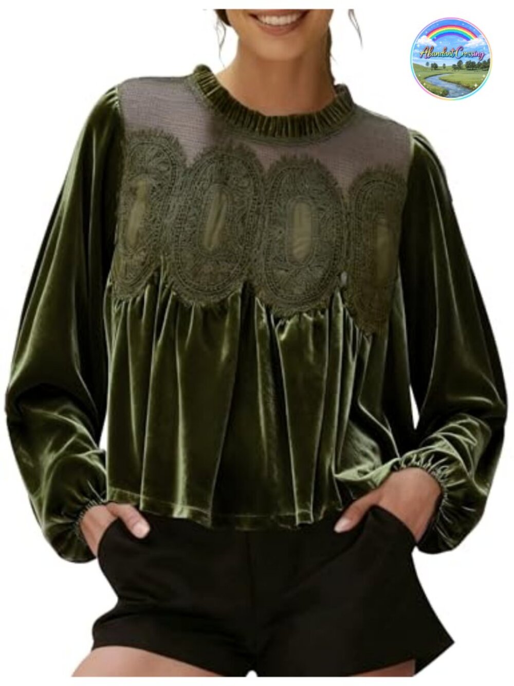Women's Long Sleeve Lace Blouse Velvet Trim Crew Neck Pullover Top